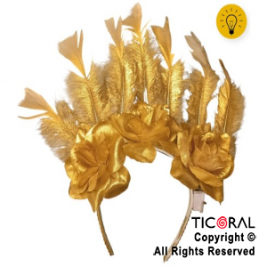 VINCHA CON ROSAS Y PLUMAS ORO CON LUZ x 1